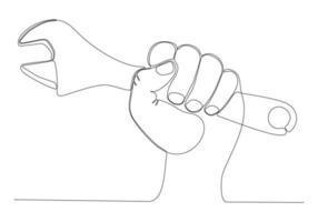 Drawing continuous line of master hand holding wrench and other keys for car repair. auto service concept vector