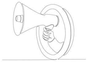 continuous line drawing of hand holding megaphone on white background vector illustration