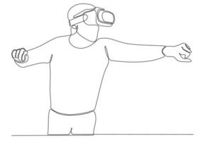 continuous line Man screaming and holding steering wheel of imaginary virtual car while standing on white background vector