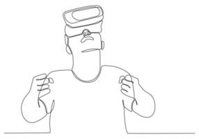 continuous line Man screaming and holding steering wheel of imaginary virtual car while standing on white background vector