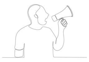 continuous line drawing of young man with megaphone on white background vector illustration