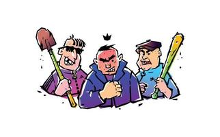 Illustration of three hooligans with a bat and a shovel. Vector. The illustration is isolated on a white background. Russian courtyard punks. Bandits and robbers. Funny mafia.
