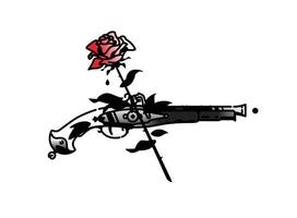 Tattoo of an old pistol and roses. Vector. Vintage tattoo in the style of the American old school. Image is isolated on white background. Contour color pattern. Illustration for packing and caps. vector