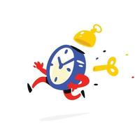 Cartoon character running alarm clock. Vector illustration. Time is up. The clock is running. Image is isolated on white background. Flat illustration for banner, print and website. Mascot company.