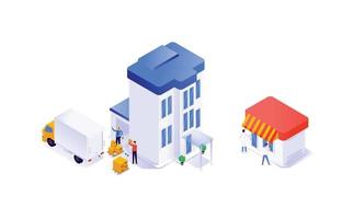 Houses and equipment in isometric. From production to the store. Vector. The industry of cargo delivery, logistics. Background for the banner. Image is isolated on white background. vector