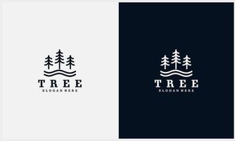 simple pine tree, evergreen with river symbol logo template with line art style vector