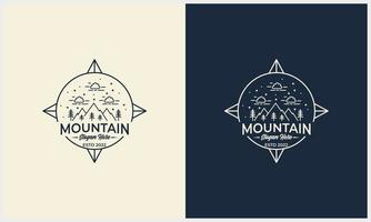 insignia de arte lineal ilustración de montaña y paisaje con plantilla de concepto de logotipo de brújula vector