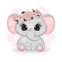 pequeño elefante con flores en la cabeza, estampado textil, camiseta o paquete, ilustración vectorial vector