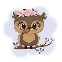 Owl on a branch cute cartoon illustration, textile print, package design, postcard, interior design vector illustration