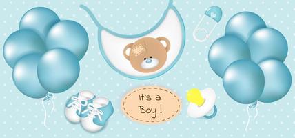 Baby shower is a boy banner invitation card with balloons, pacifier, shoes and bib on blue background, vector illustration