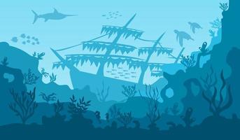 Underwater ocean background. Black silhouettes swimming sea fish with corals and vector plants.