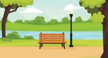 banco con árboles y farolillos en el parque. ilustración vectorial en estilo plano.