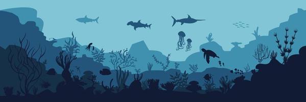 Underwater ocean background. Black silhouettes swimming sea fish with corals and vector plants.