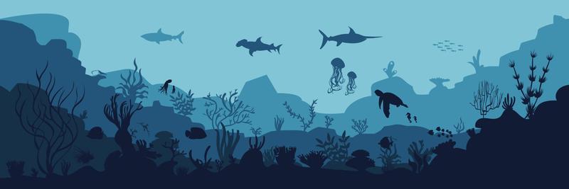 Underwater ocean background. Black silhouettes swimming sea fish with corals and vector plants.