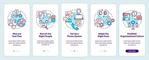 Steps to start virtual office onboarding mobile app screen. Online system walkthrough 5 steps graphic instructions pages with linear concepts. UI, UX, GUI template. vector