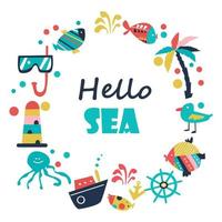 cute sea objects collection. Doodle circle set vector