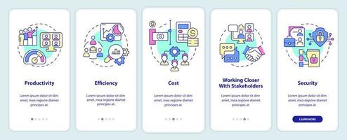 ventajas de la colaboración en línea al incorporar la pantalla de la aplicación móvil. tutorial de negocios 5 pasos páginas de instrucciones gráficas con conceptos lineales. interfaz de usuario, ux, plantilla de interfaz gráfica de usuario. vector