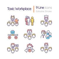 Toxic workplace RGB color icons set. Unhealthy and abusive environment. Isolated vector illustrations. Simple filled line drawings collection. Editable stroke.