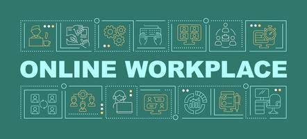 Online workplace word concepts dark green banner. Virtual office advantages. Infographics with icons on color background. Isolated typography. Vector illustration with text.