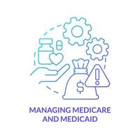 Managing medicare and medicaid blue gradient concept icon. Healthcare difficulty abstract idea thin line illustration. Health coverage. Isolated outline drawing. vector