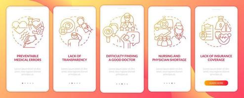 Current healthcare problems red gradient onboarding mobile app screen. Walkthrough 5 steps graphic instructions pages with linear concepts. UI, UX, GUI template. vector