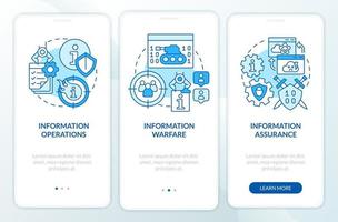 Basic definitions blue onboarding mobile app screen. Information warfare walkthrough 3 steps graphic instructions pages with linear concepts. UI, UX, GUI template. vector