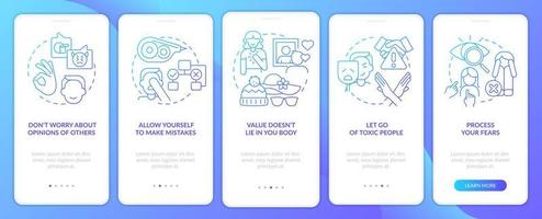 Self-care practices blue gradient onboarding mobile app screen. Walkthrough 5 steps graphic instructions pages with linear concepts. UI, UX, GUI template. vector