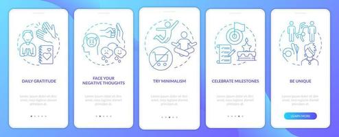 Self-compassion exercises blue gradient onboarding mobile app screen. Walkthrough 5 steps graphic instructions pages with linear concepts. UI, UX, GUI template. vector