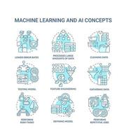 conjunto de iconos de concepto de aprendizaje automático y ai turquesa. ventajas de inteligencia artificial idea ilustraciones en color de línea delgada. símbolos aislados. trazo editable. vector