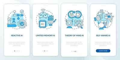 Types of artificial intelligence blue onboarding mobile app screen. Walkthrough 4 steps graphic instructions pages with linear concepts. UI, UX, GUI template. vector