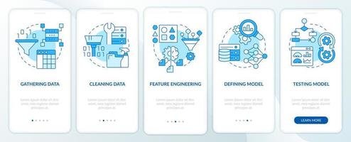 resolución de problemas en la pantalla azul de la aplicación móvil de incorporación de aprendizaje automático. tutorial 5 pasos páginas de instrucciones gráficas con conceptos lineales. interfaz de usuario, ux, plantilla de interfaz gráfica de usuario. vector