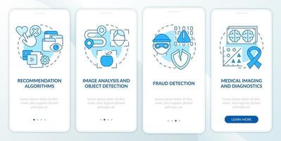 Use of machine learning blue onboarding mobile app screen. Walkthrough 4 steps graphic instructions pages with linear concepts. UI, UX, GUI template. vector