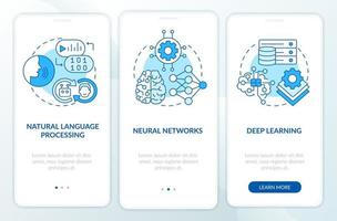 Fields of machine learning blue onboarding mobile app screen. Walkthrough 3 steps graphic instructions pages with linear concepts. UI, UX, GUI template. vector