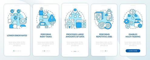 Artificial intelligence advantages blue onboarding mobile app screen. Walkthrough 5 steps graphic instructions pages with linear concepts. UI, UX, GUI template. vector