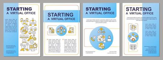 Ways to start virtual office blue brochure template. Working online. Leaflet design with linear icons. 4 vector layouts for presentation, annual reports.