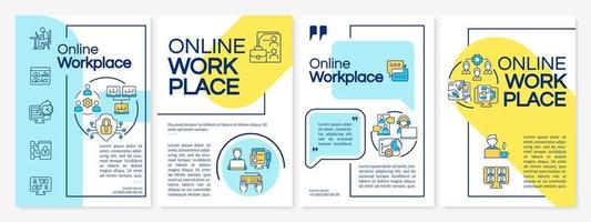 Online workplace blue and yellow brochure template. Virtual office building. Leaflet design with linear icons. 4 vector layouts for presentation, annual reports.