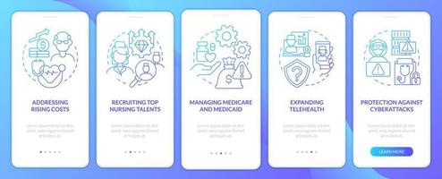 Medical management challenges blue gradient onboarding mobile app screen. Walkthrough 5 steps graphic instructions pages with linear concepts. UI, UX, GUI template.