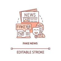 Fake news red concept icon. False facts. Information war over Internet abstract idea thin line illustration. Isolated outline drawing. Editable stroke.