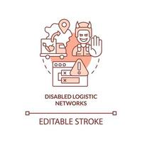 Disabled logistic networks red concept icon. Form of information warfare abstract idea thin line illustration. Isolated outline drawing. Editable stroke. vector