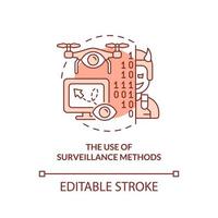 Use of surveillance methods red concept icon. Form of information warfare abstract idea thin line illustration. Isolated outline drawing. Editable stroke. vector