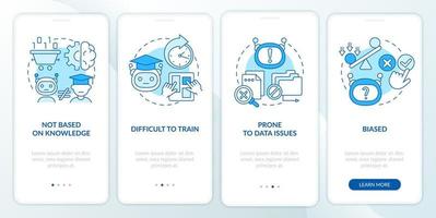 Drawbacks of machine learning blue onboarding mobile app screen. Walkthrough 4 steps graphic instructions pages with linear concepts. UI, UX, GUI template. vector