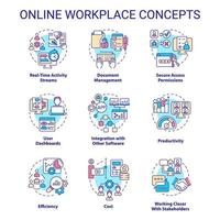 Online workplace concept icons set. Business tools. Virtual office platform idea thin line color illustrations. Isolated symbols. Editable stroke. vector