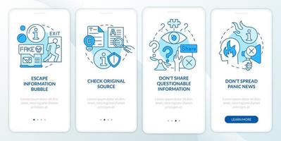 Fighting misinformation blue onboarding mobile app screen. Walkthrough 4 steps graphic instructions pages with linear concepts. UI, UX, GUI template. vector