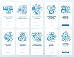 Information warfare blue onboarding mobile app screen set. Walkthrough 5 steps graphic instructions pages with linear concepts. UI, UX, GUI template. vector