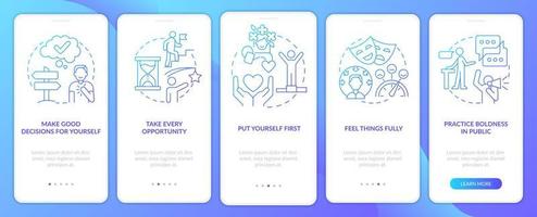 Approaches to self love blue gradient onboarding mobile app screen. Walkthrough 5 steps graphic instructions pages with linear concepts. UI, UX, GUI template. vector