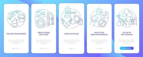 Achieving total self love blue gradient onboarding mobile app screen. Walkthrough 5 steps graphic instructions pages with linear concepts. UI, UX, GUI template. vector