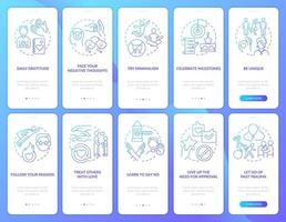 Personal mental wellness blue gradient onboarding mobile app screen set. Walkthrough 5 steps graphic instructions pages with linear concepts. UI, UX, GUI template. vector