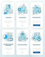 conjunto de pantalla de aplicación móvil de incorporación azul del sistema de inteligencia artificial. tutorial 3 pasos páginas de instrucciones gráficas con conceptos lineales. interfaz de usuario, ux, plantilla de interfaz gráfica de usuario. vector