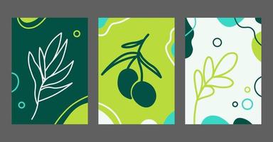 Abstract green background template collection with olive branch. Simple vector illustration set. Web banner or room wall posters. Product branding concept.