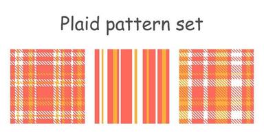 Plaid seamless pattern collection. Vector fabric print template. Scottish style ornament. Geometric striped red carpet background.